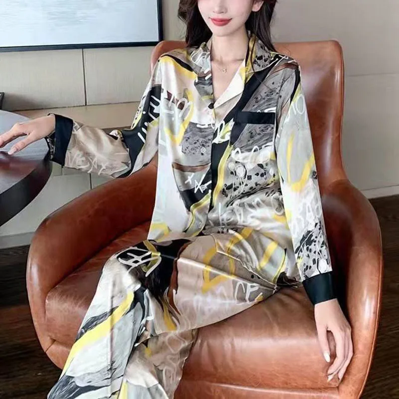 Silk Sleepwear Large Size Autumn Winter Ladies Pyjamas Long-Sleeved Suit Temperament Home Wear Outside Soft Casual Loungewear