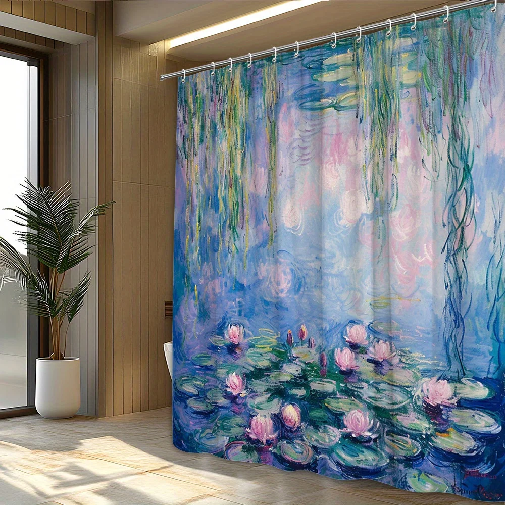 1pc Impressionist Water Lilies & Willow Branches Shower Curtain - Vibrant Pink Lilies on Tranquil Pond Design, Polyester Fabric,