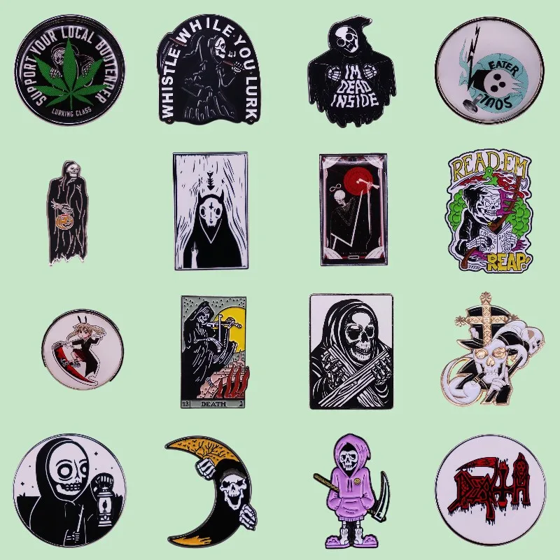 Superior Quality Terror Skeleton Enamel Pins Custom Death Sickle Moon Round Lapel Badges Hat Bag Brooches Jewelry Gift Wholesale