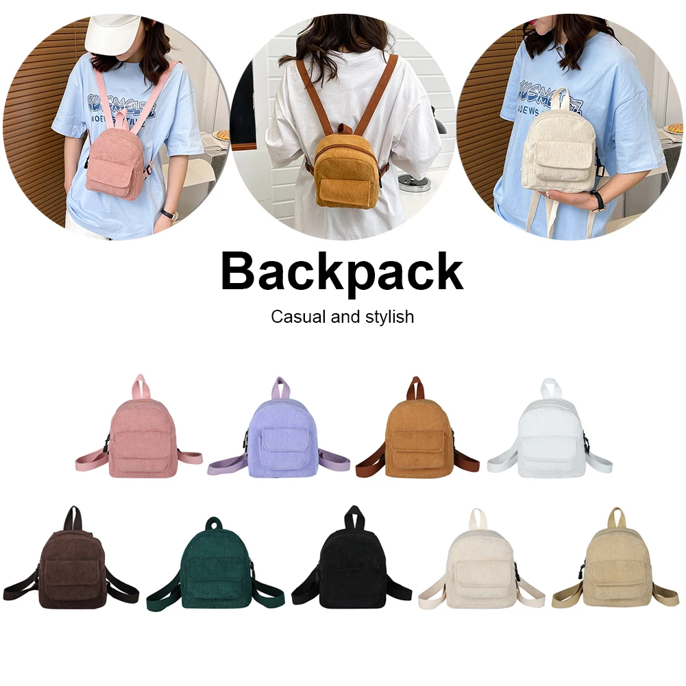 Women Fashion Mini Backpack Versatile Corduroy Backpack Solid Color Retro Travel Backpack Student Book Bag for School Travel