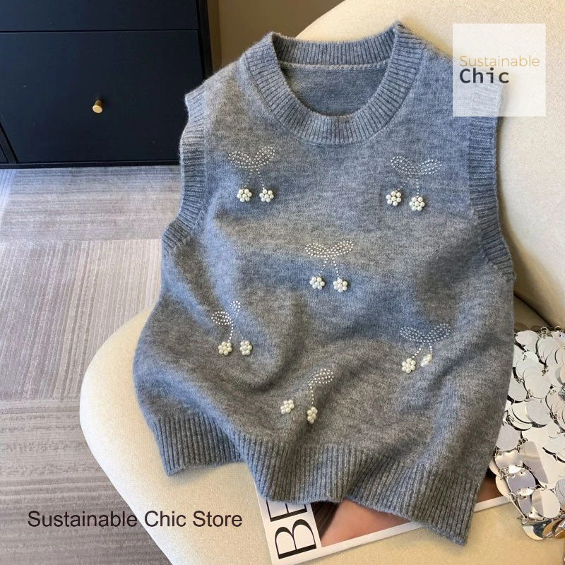 Korean style round neck Korean beaded knit vest women's spring and autumn new embroidered flower vest sleeveless sweater