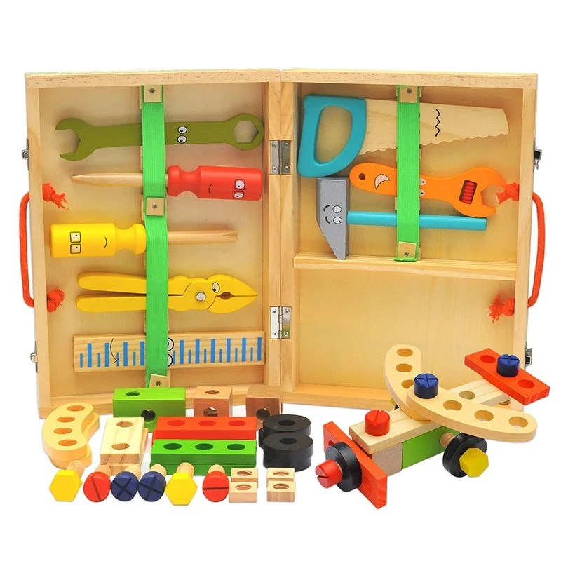 Caixa de Ferramentas Portátil de Madeira LazyChild com Desenhos Animados, Brinquedo Educacional de Montar e Desmontar para Crianças