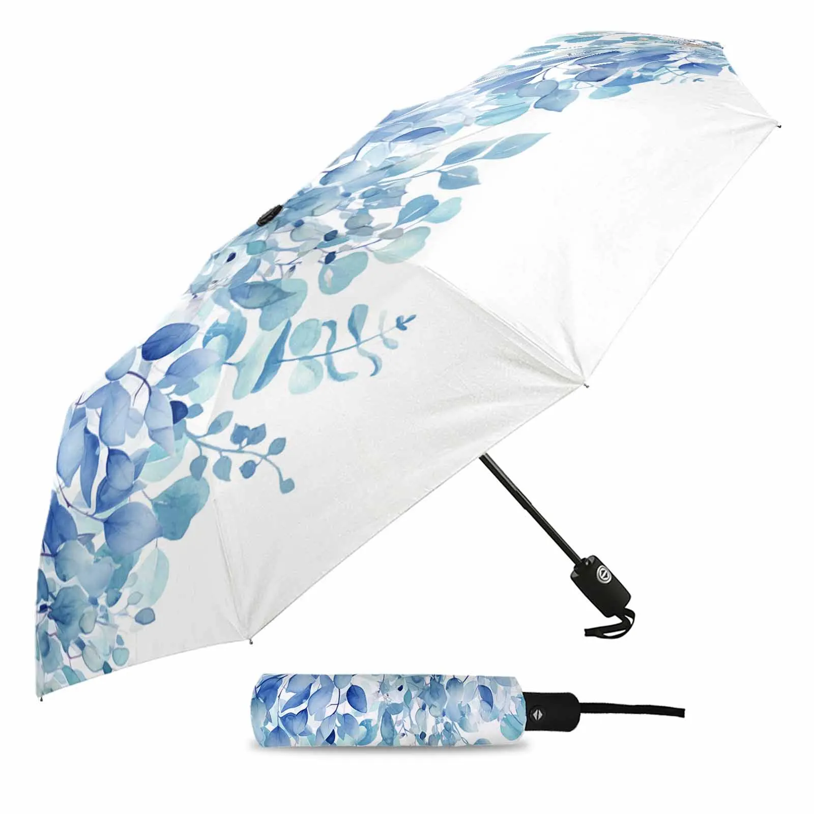 Eucalyptus Leaves Illustrations Flower Automatic Umbrella for Rain Foldable Parasol Umbrella Eight strand Outdoor Umbrellas