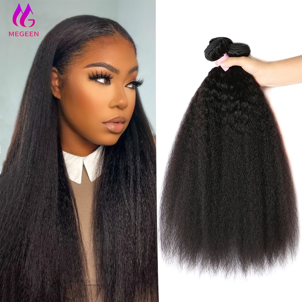 32 Inch Peruvian Kinky Straight Human Hair Bundles Bulk Remy Hair Extensions Soft Yaki Straight 100% Human Hair Weave Bundles