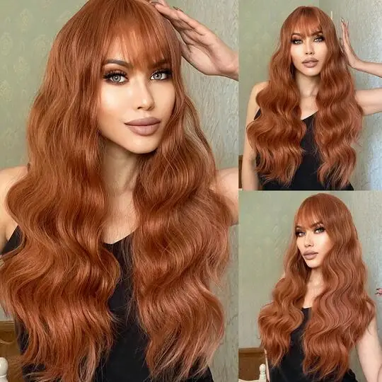 Orange Long Wavy Synthetic Hair Wigs with Bangs for White Women Cosplay Wigs High Temperature Fiber Natural Looking