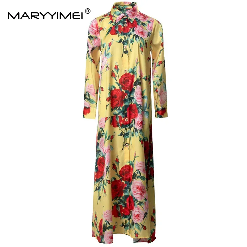 

MARYYIMEI Fashion design Women's Autumn Long Dress Turn-Down Collar Long-Sleeved Breasted Print Elegant Dresses