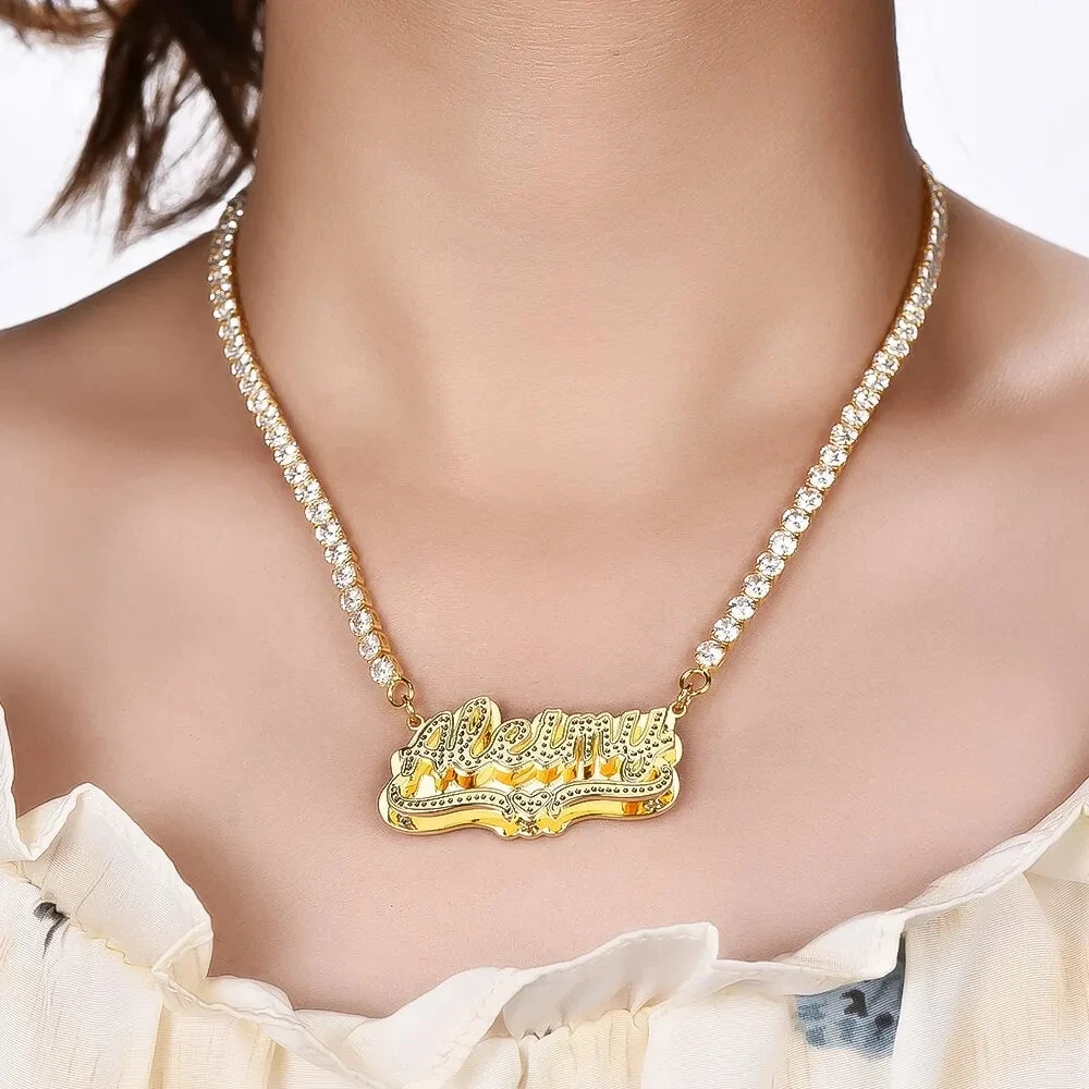 Customized Jewelry Sets Double Layer Two Tone Personalized Zircon Tennis Chain Custom Gold Plated Name Necklace and Bracelet Set