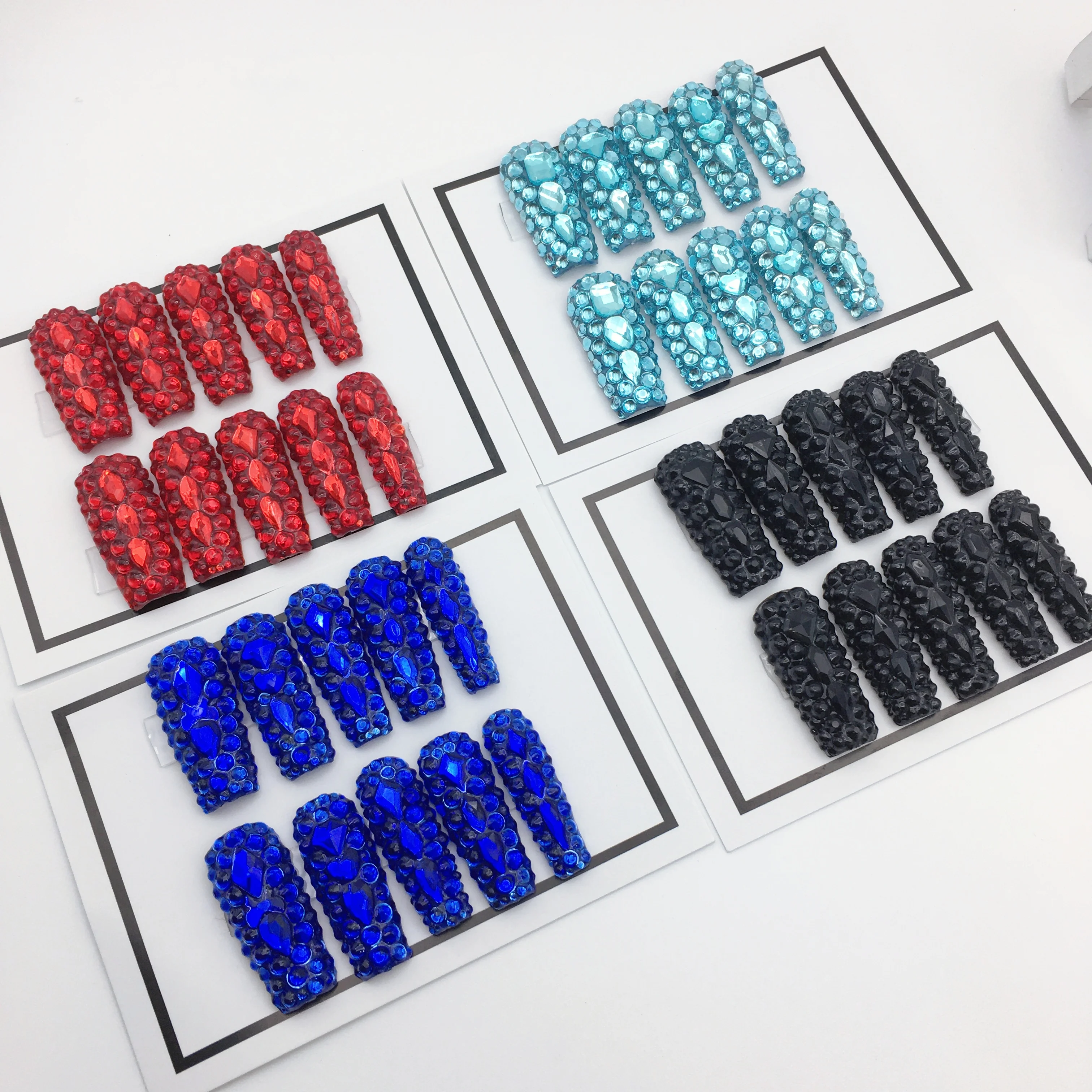 3D French Press On Nails Blue Color Rhinestones With Luxury Glitter Medium Coffin Shape bling press on nails