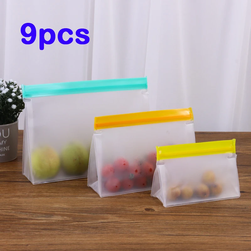 

9pcs/set Reusable Silicone Food Storage Kitchen Fruit Vegetable Bag Fresh-keeping Bag Sealed Freezer Bag Leakproof Food