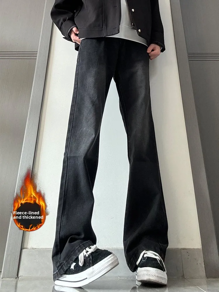 

Men's adient Fce Lined Straight Leg Jeans Slim Fit Lengthening Legs Micro Flared Pants High Street American Vibe Winter