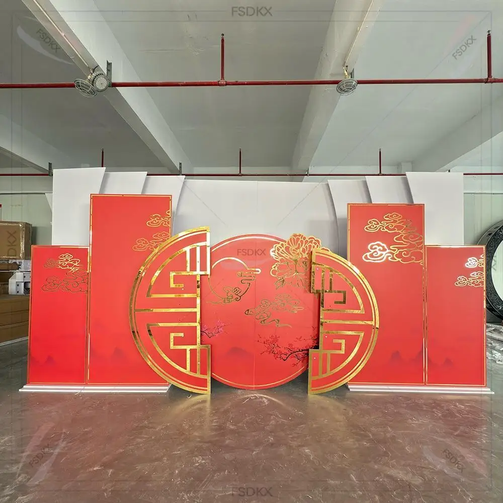 New Design Custom PVC Acrylic Red China Style Birthday Party Wvent Backdrop for Wedding Stage Backdrop Decoration