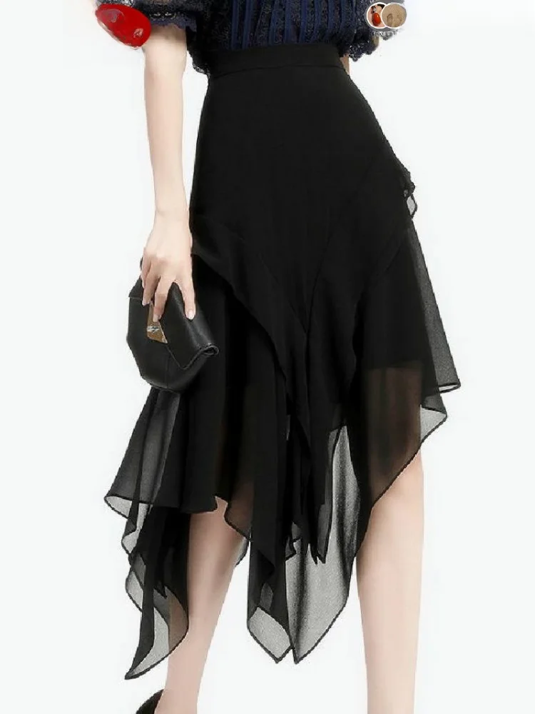 Summer Slimming High Waist Black Chiffon Midi Skirt Women\'s Asymmetrical Draped Waist-Cinching Thin Fabric Skirts