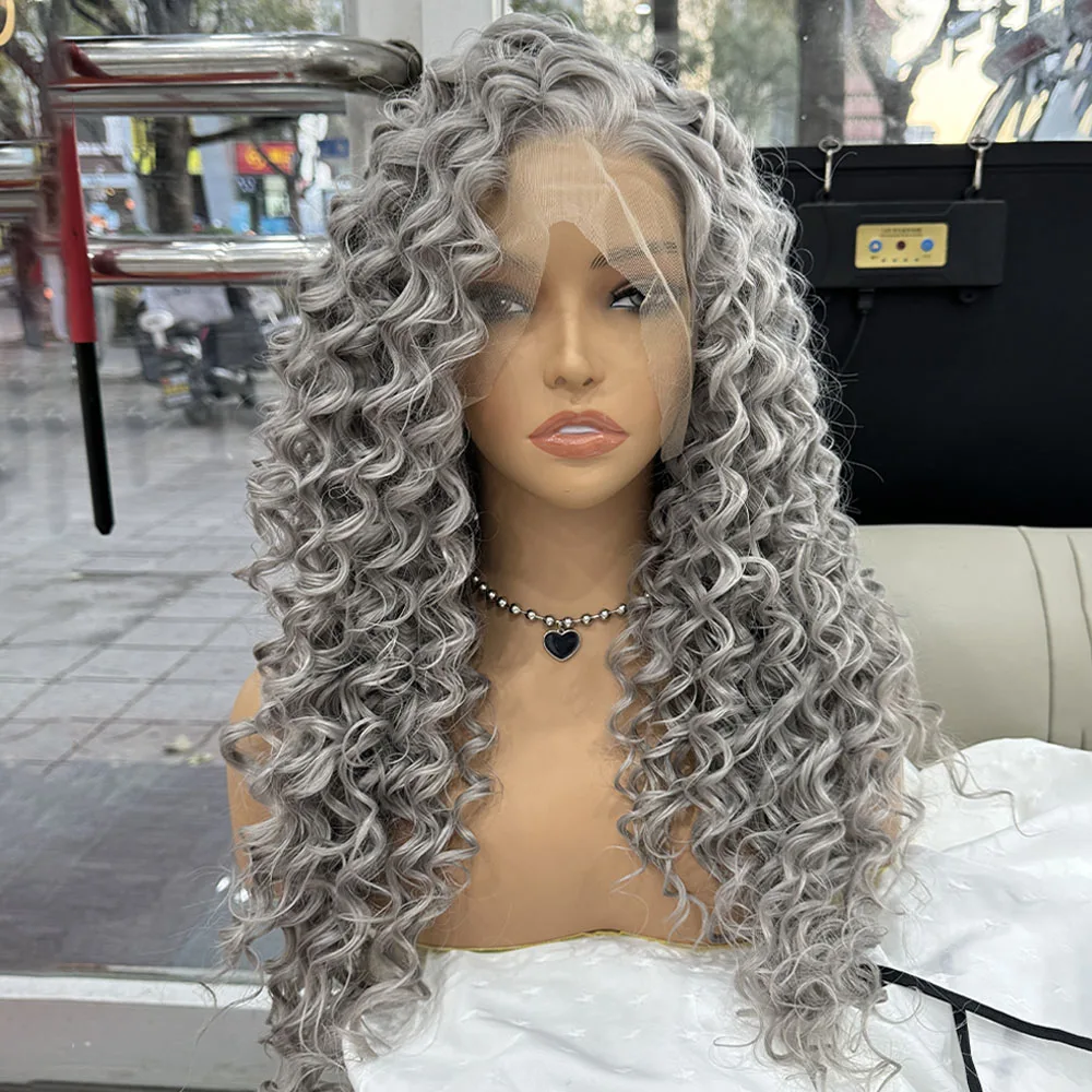 Grey Kinky Curly Wig Synthetic Lace Wig Long Deep Curly Wig Frontal Lace Front Wigs for Women Grey Wig 13X4 Cosplay Wig Party