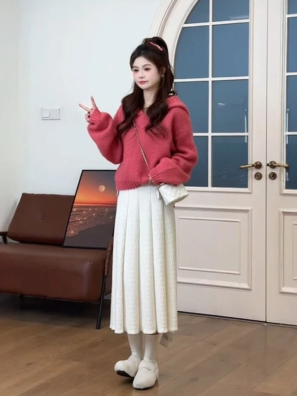 

Pink Hooded Knitwear Women's Loose Fit Thiened Lazy Sle Pullover Sweater Autumn Winter Warmth Emitting Long Sve Top