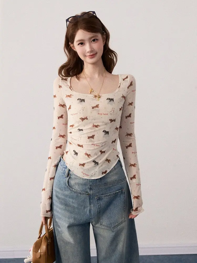 Y2k americano retro impresso t camisa feminina harajuku bodycon manga longa topo início do outono streetwear blusa coreano chique roupas femininas