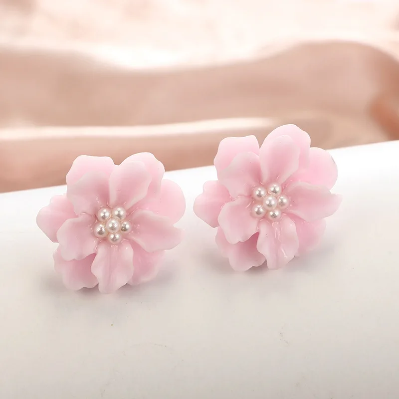 3D Pink White Flower Earrings for Women Imitation Pearl Acrylic Blooming Gardenia Stud Earrings Cute Jewelry Yellow Purple