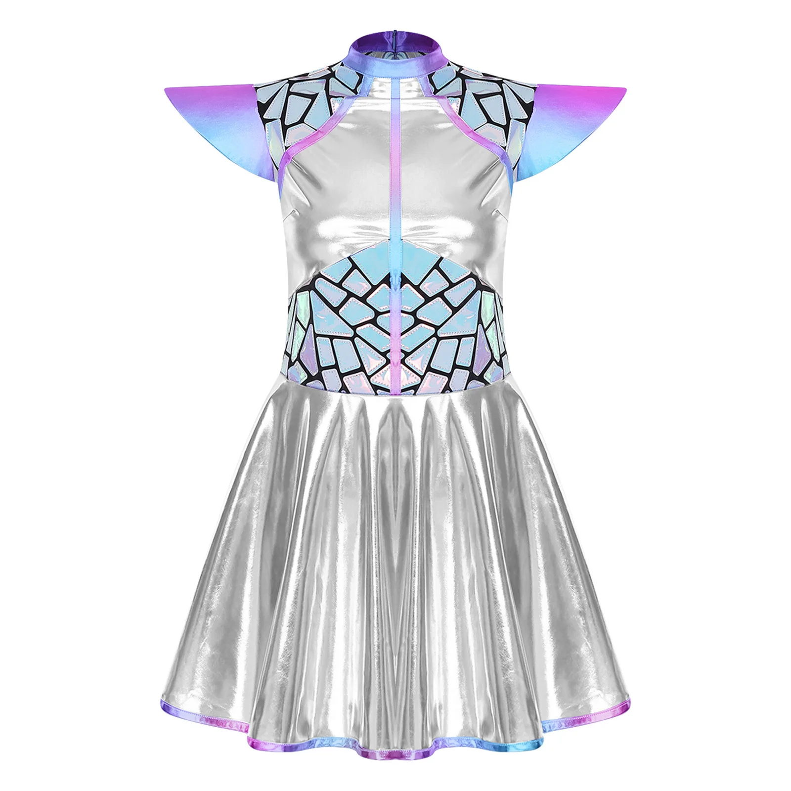 

Women Alien Astronaut Party Raves Performance Dresses Metallic Fly Sleeve A-line Mini Dress for Space Themed Party Halloween