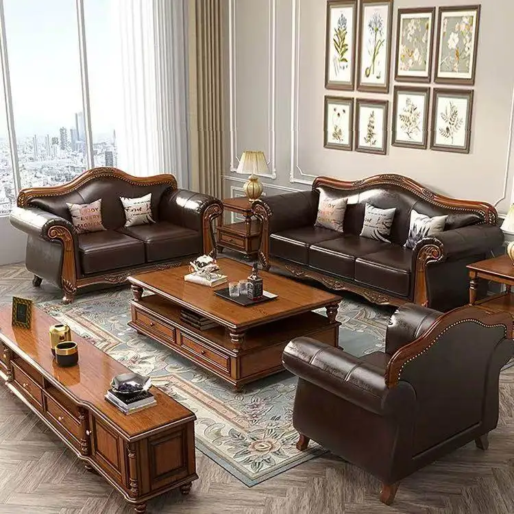 

American Retro Leather Sofa, Living Room Solid Wood 123 Combination European Sofa Straight Row Size Apartment Furniture