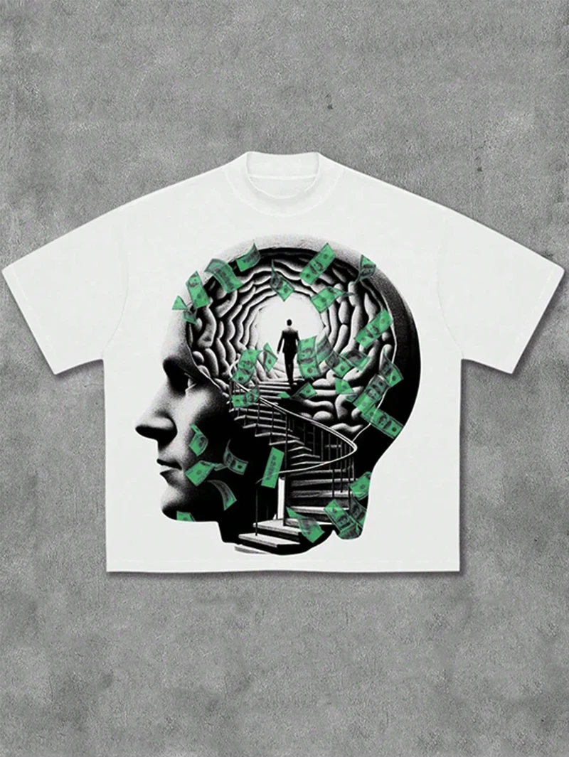 

Y2K style patterned men's casual soft 100% pure cotton versatile T-shirt couple's spring/summer street style oversized t shirt