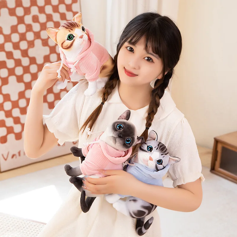 Simulation Cat with Clothes Plush Toy Cartoon Stuffed Animals Siame Kitten American Shorthair Cats Plushies Doll Soft Kids Toys