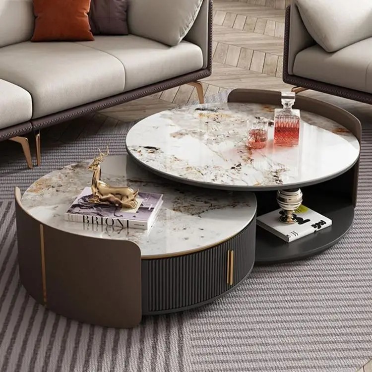 

New telescopic rock slab coffee table round living room light luxury household small apartment simple modern