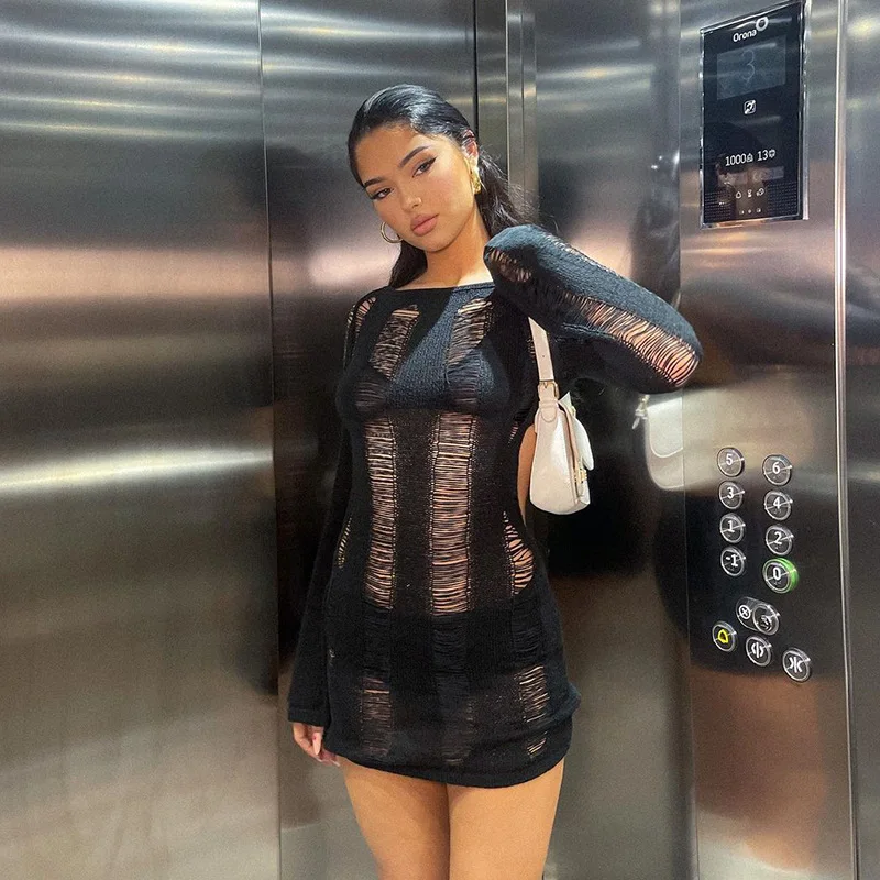 Abito femminile sottile trasparente caldo fresco streetwear Y2K Ins Chic abito alla moda Lady Hotsweet Sexi Allure affascinante abito elasticizzato aperto sul retro