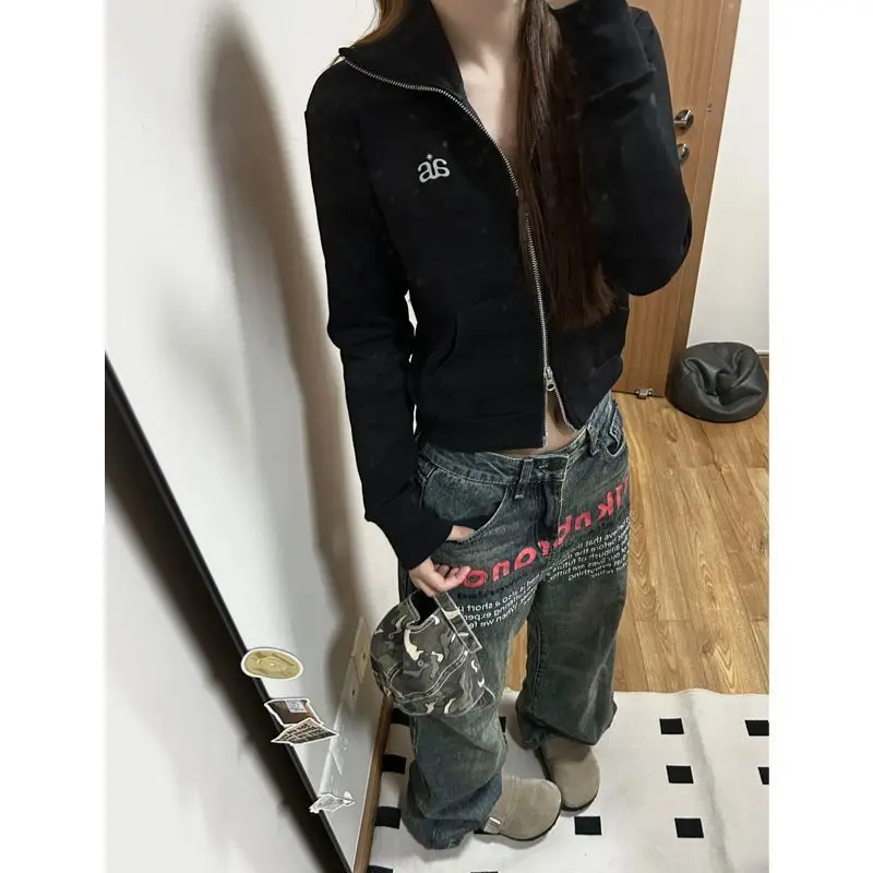 American Retro Devil Hooded Sweatshirt Women's Slim Fit Zipper Cardigan Jacket Patchwork Black Hoodies Sudaderas Para Mujer