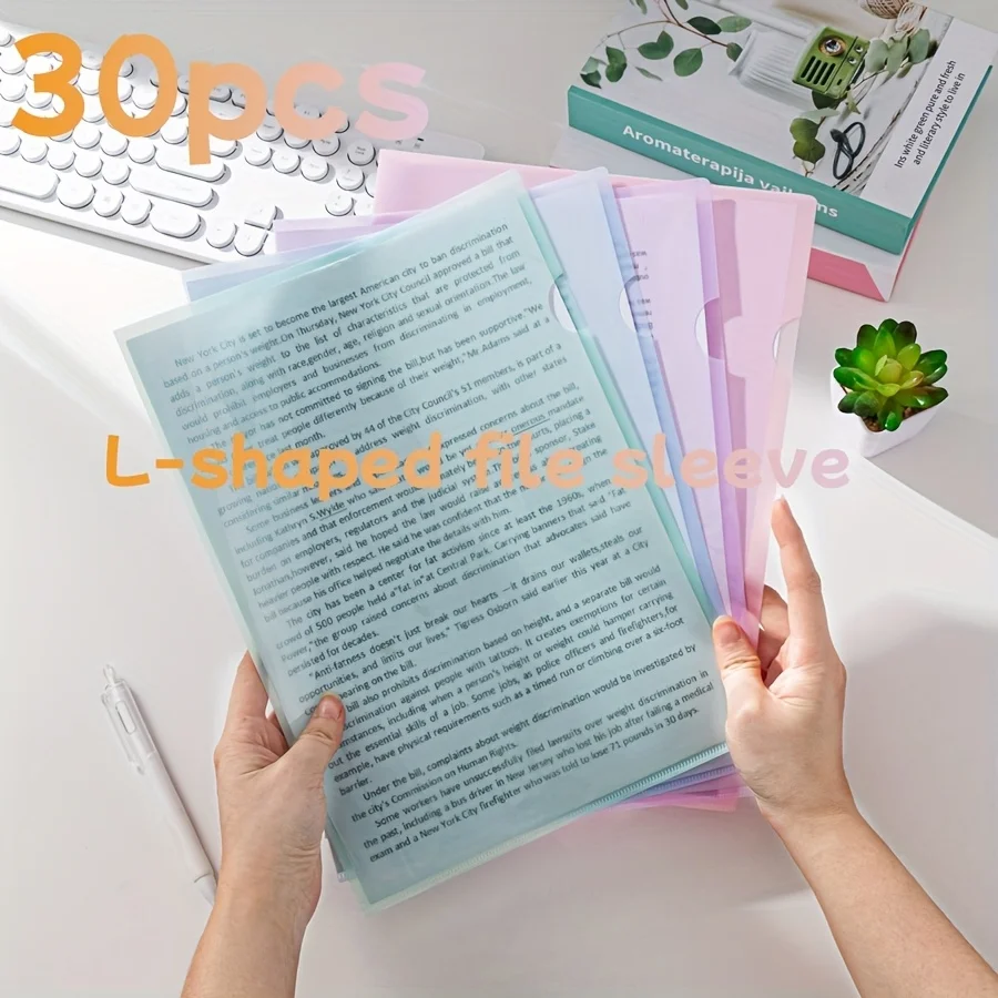 30 قطعة حافظة واقية من المجلد الشفاف المتين على شكل حرف L عالية الجودة، مادة PP بسيطة مقاومة للماء، مناسبة للمدرسة