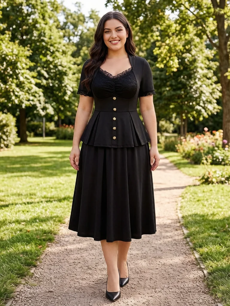

New Plus Size Flower Lace Panel Button Vintage Dress Black Women Sweetheart Neck A-Line Dresses Vestidos Robe Fashion Costume
