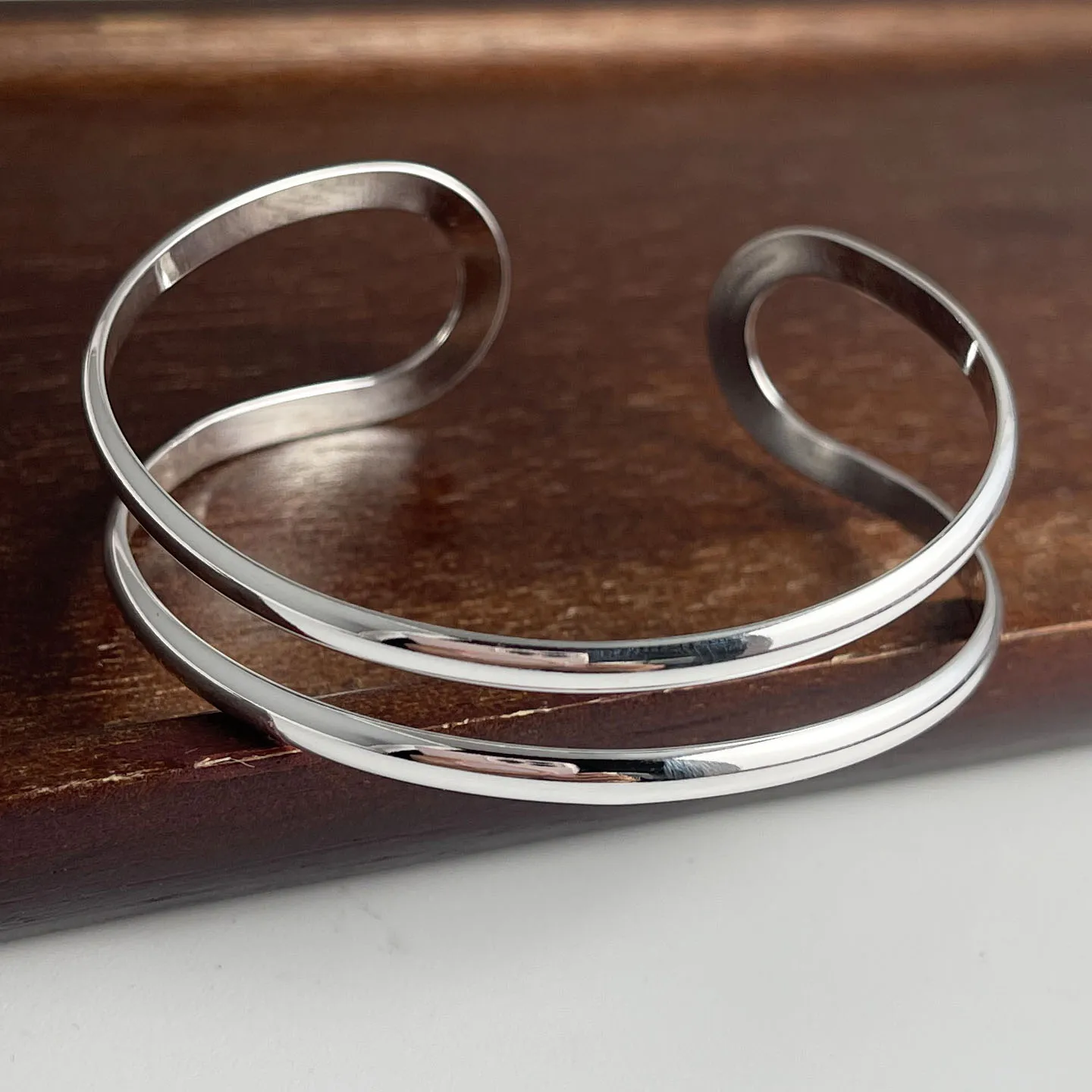 100% Solid 925 Sterling Silver Retro Bracelet for Women Men Vintage Handmade Wide Double Layered Simple Bracelet Birthday Gift