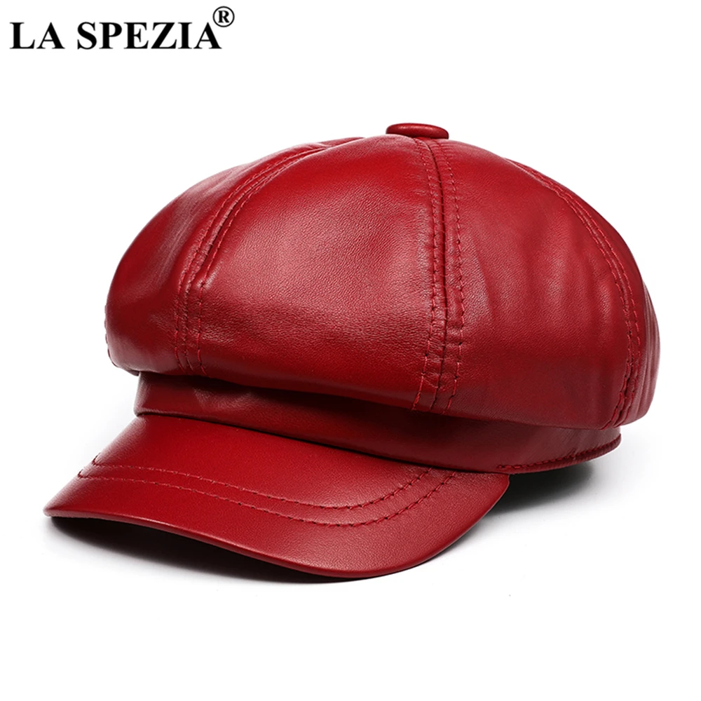 LA SPEZIA Real Leather Newsboy Cap Women Solid Baker Boy Cap Red Black Blue Pink Vintage Brand Ladies Winter Octagonal Cap