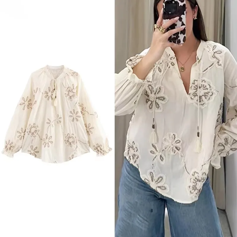 

Flower Embroidered Shirt For Women Elegant Stand Up Collar Long Sleeve Loose Blouse Female 2025 New Summer Chic Casual Shirts