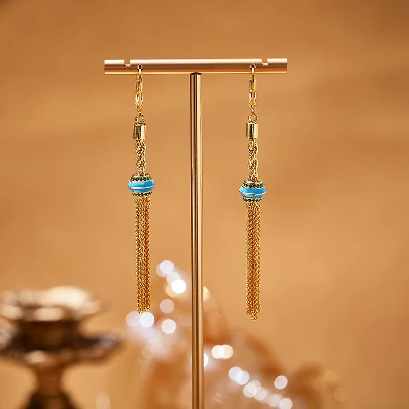 New Long Champagne Colour Tassel Necklace Earrings CZ Zircon Sweater Chain Necklace Drop Earrings For Women Dating Party Jewelry