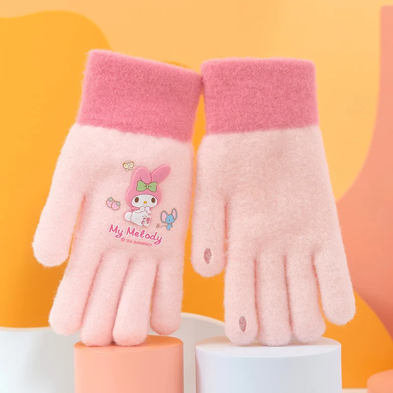 MINISO Sanrio kuromi melody Knitted Touch Screen Fingerless Five Finger Gloves Winter Women Outdoor Cold Warmth Cute Cartoon