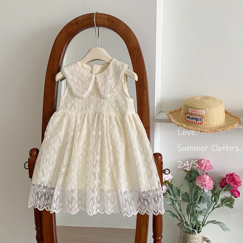 baby Girls Dress Summer 2024 Girl Pearl Princess Dress Breathable and Fashionable Girl Treasure Sleeveless mesh Princess Dress