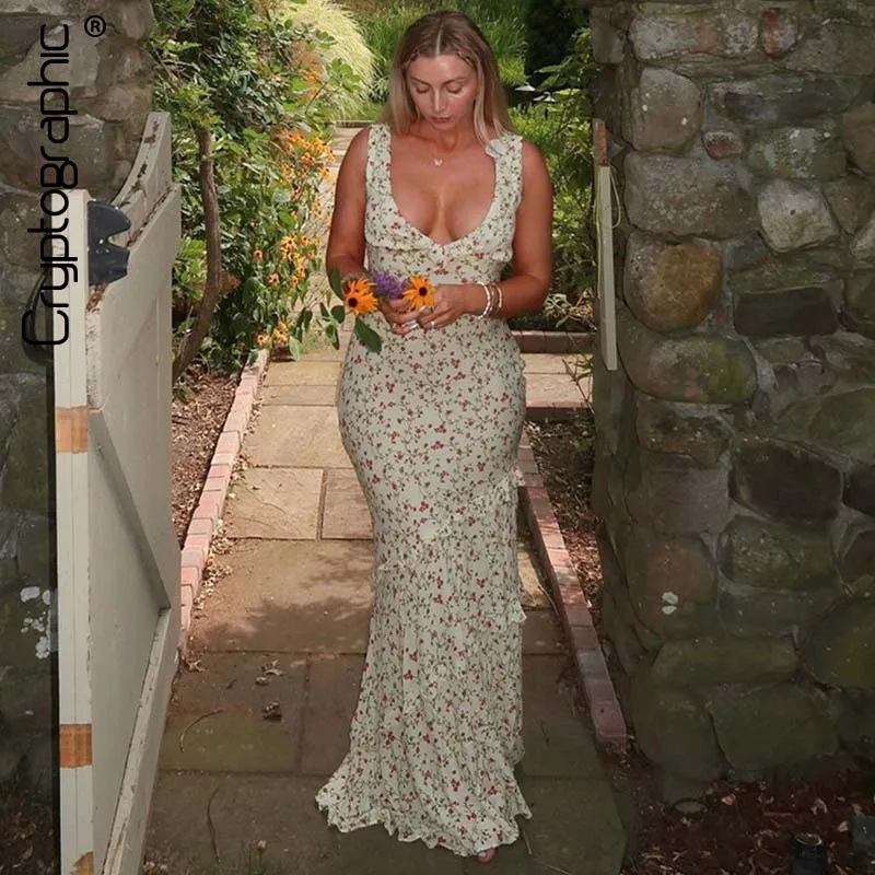 

Cryptographic Summer Floral Print Draped V Neck Maxi Dress Vacation Fashion Outfits Ruffled Detail Sun Dresses for Women Vestido