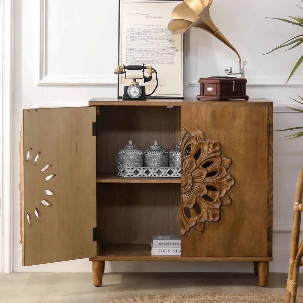 Mobiletto rustico a 2 ante in legno intagliato a mano – Mobiletto portaoggetti con accento Boho con design floreale, credenza in legno massello per soggiorno