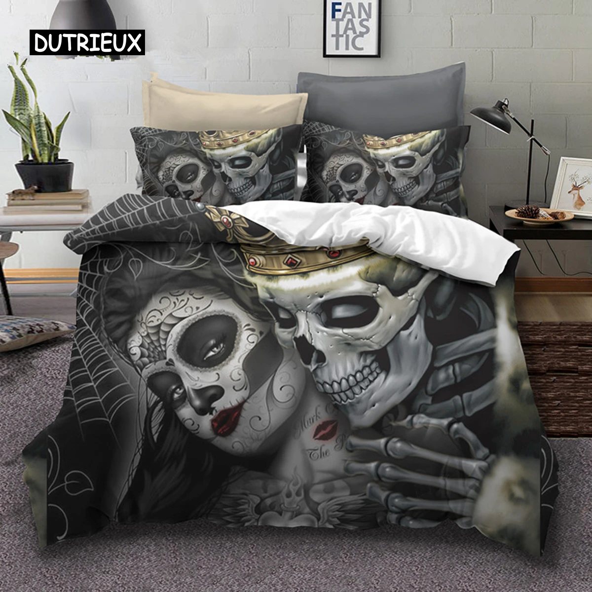 

Sugar Skull Bedding Sets King Beauty Kiss Skull Duvet Cover Bed Set Bohemian Print Black Bedclothes Queen Size Bedline