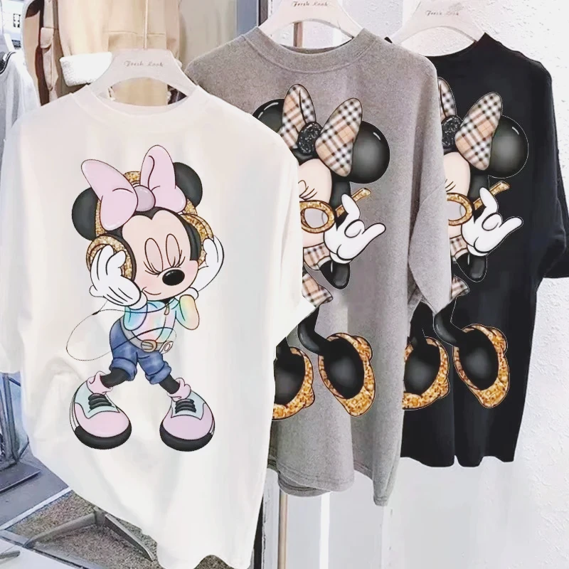 

Disney New Minnie Kawaii Fun Parent-child Cartoon Printed T-shirt Fashion Summer Cartoon Minnie Top Y2K Short Sleeves Tee Tops