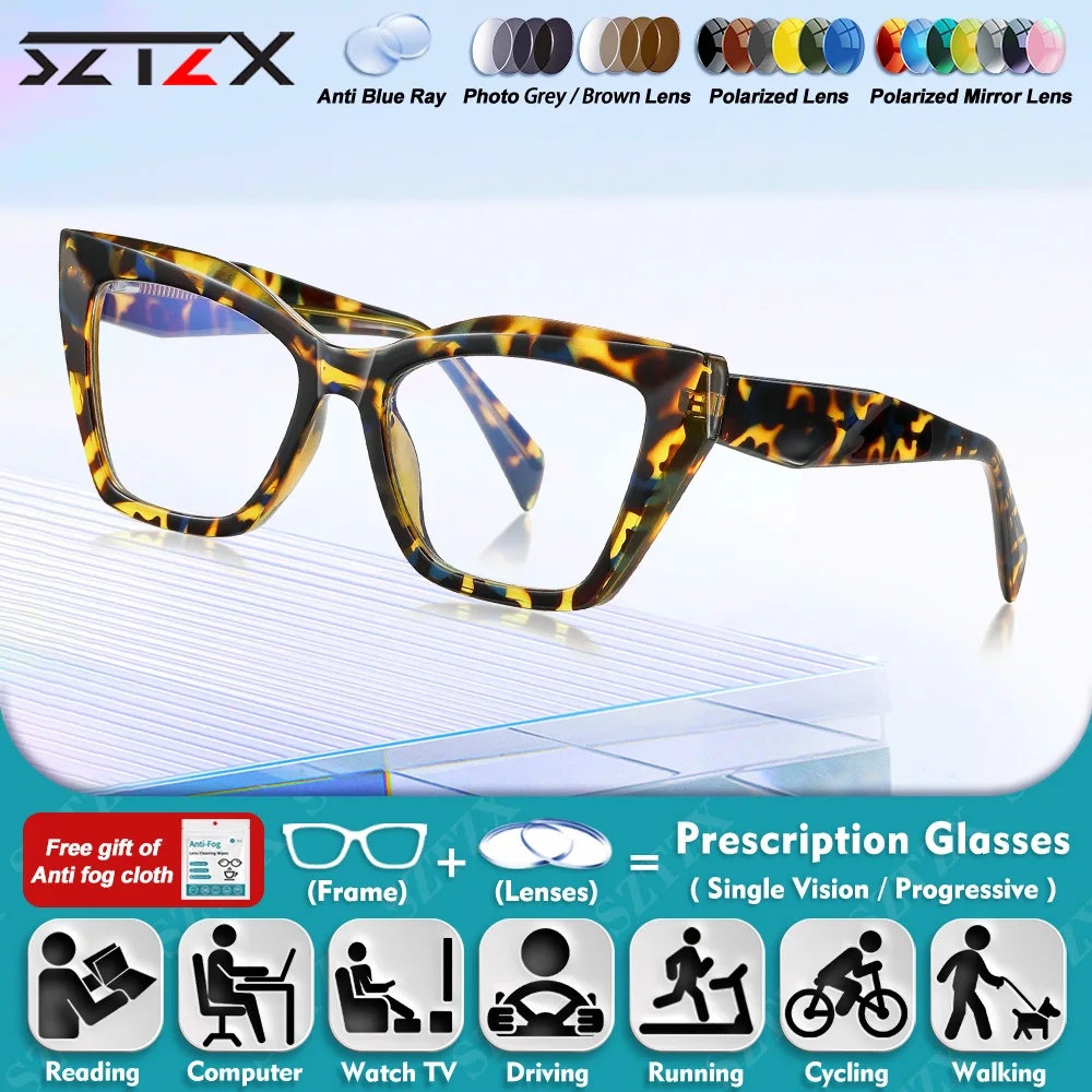 

SZTZX Simple Trendy Geometric Frame Photochromic Myopia Prescription Glasses Blue Light Filter Women Multifocal Reading Eyeware