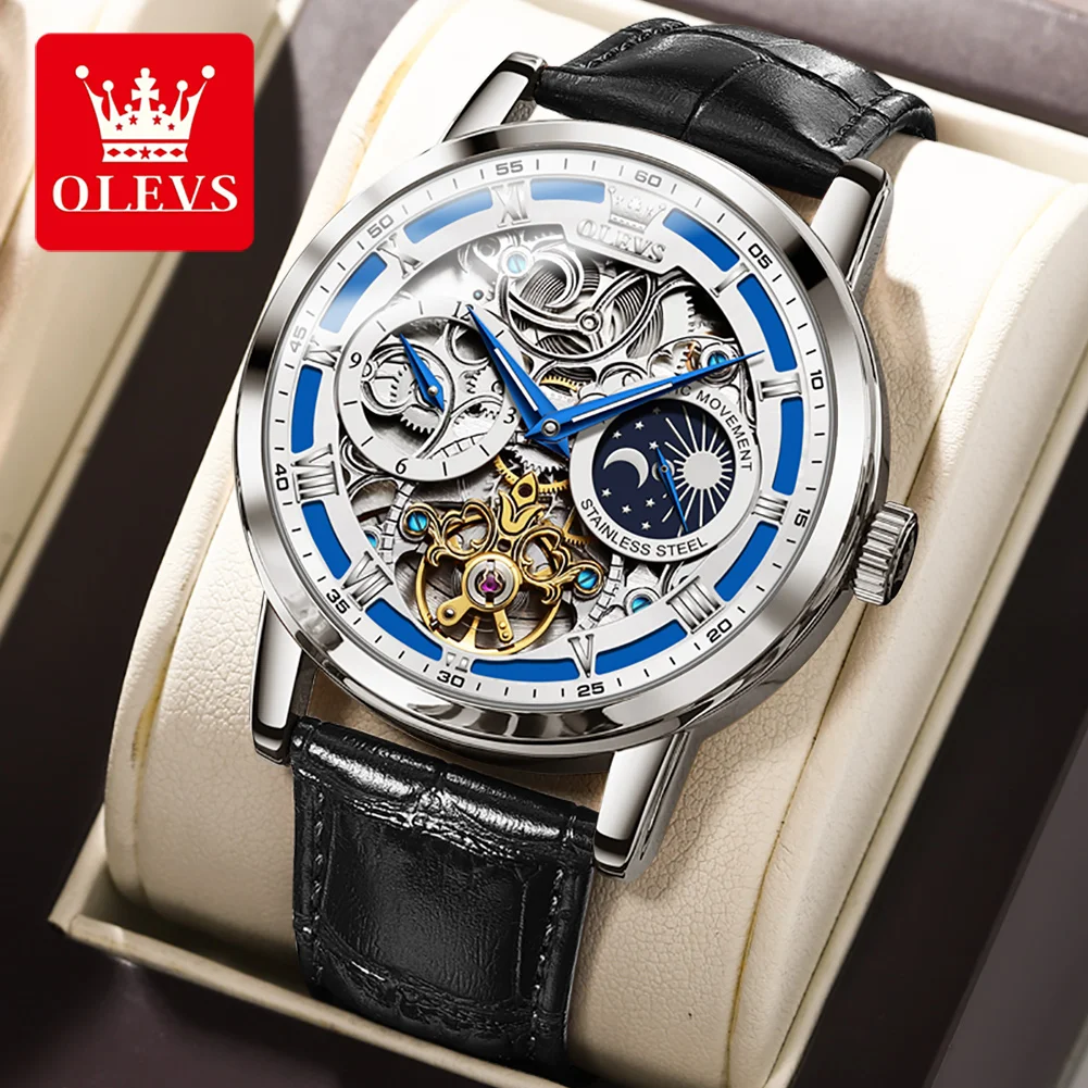 

OLEVS 6670 Moon Phase Automatic Watch for Men 44mm Big Dial Luxury Original Top Brand Man Watch Hollow Skeleton Mechanical Watch