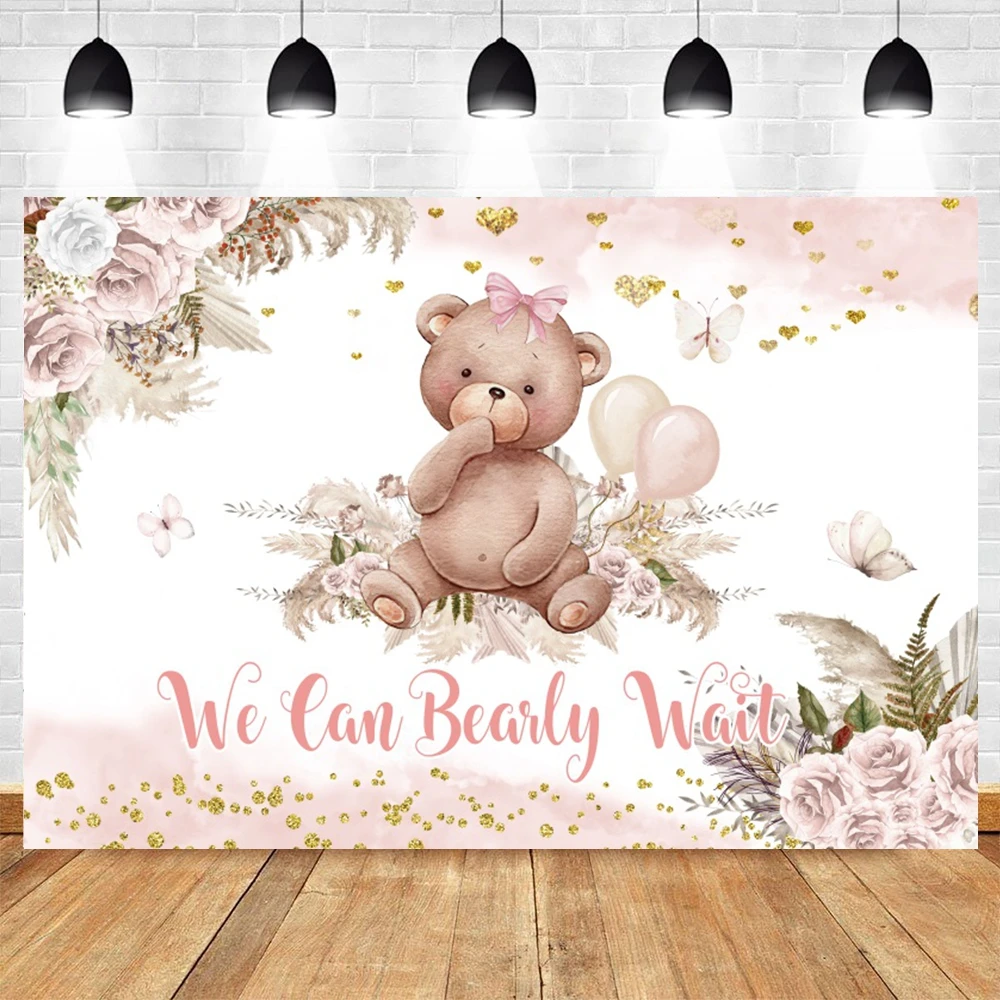 Bear Baby Shower Backdrop for Photography Flower Ballon We Can Bearly Wait Girl Boy Birthday Party Decor Background Photo Studio