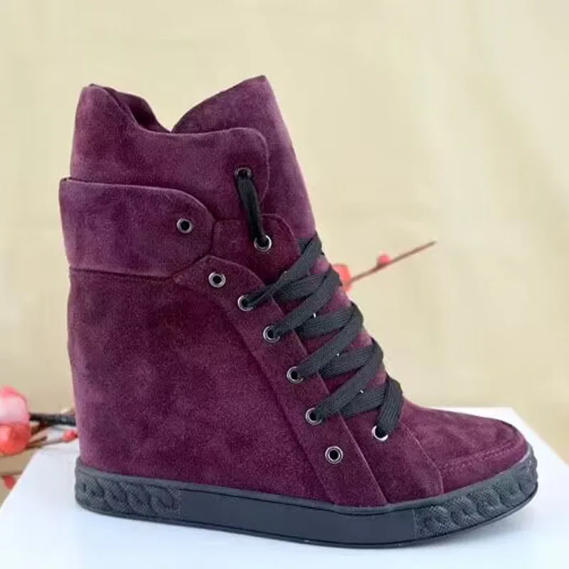 Spring Fashion Black Suede Leather Women Increased Heel Casual Style Shoes Lace Up Ladies High Quality Roma Style Flats Sneaker