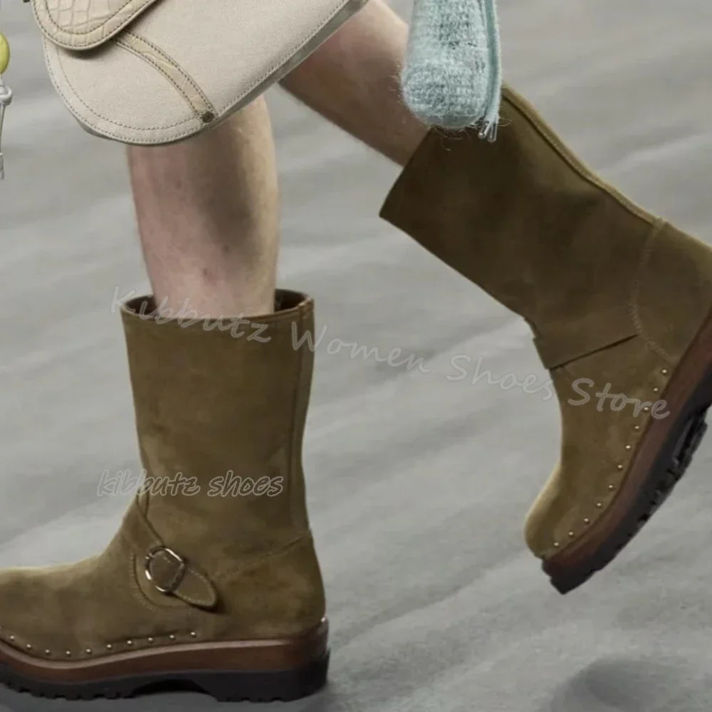 

Ankle Boots Platform Belt Buckle Bordered Rivets Luxury Leather Solid Color Slip-On Round Toe Chunky Heels Women Fashion Shoes