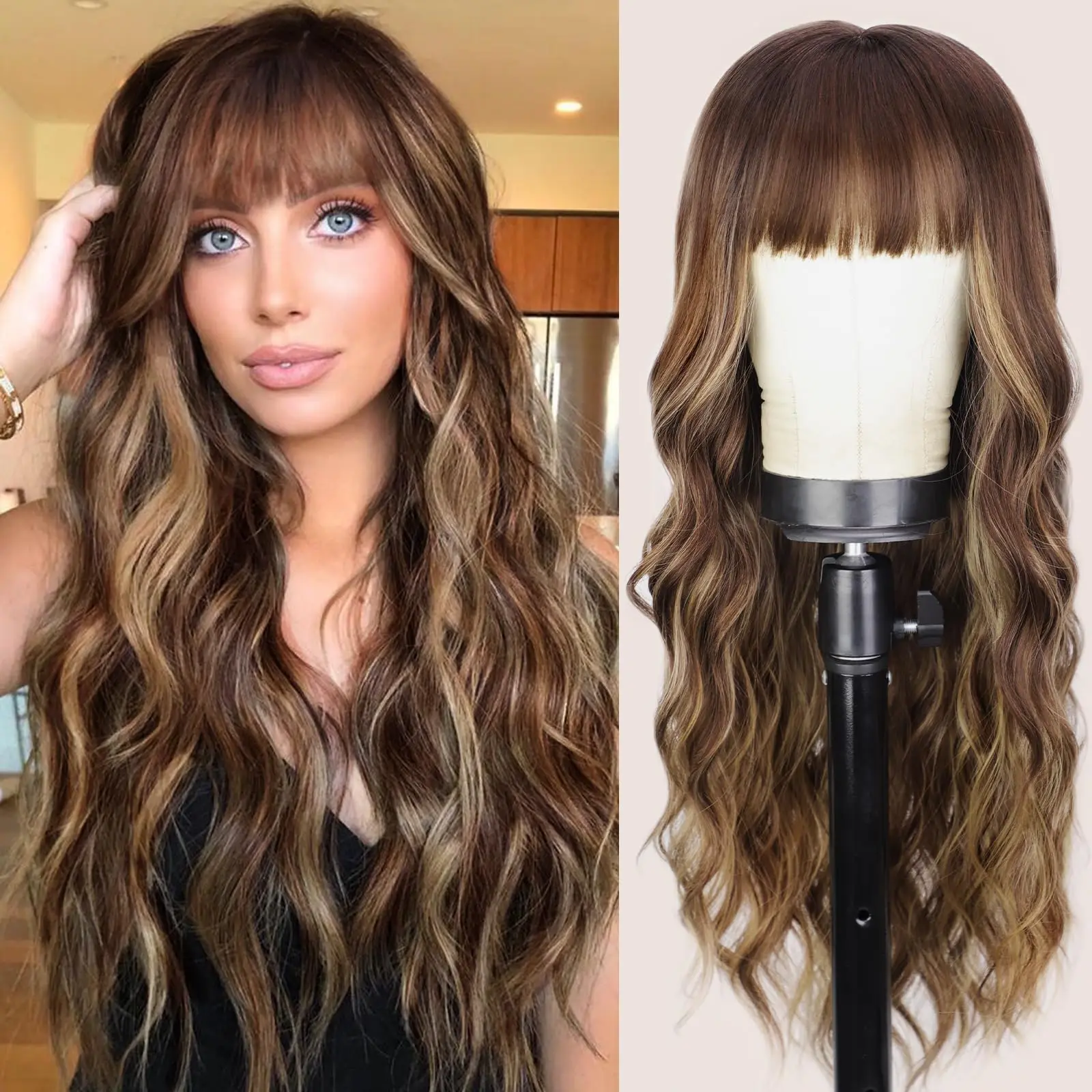 Synthetic Wig With Bangs Women Stylish heat-resistant fiber Daily Versatile Style Ombre Blonde Long Natural Wave  Good Texture