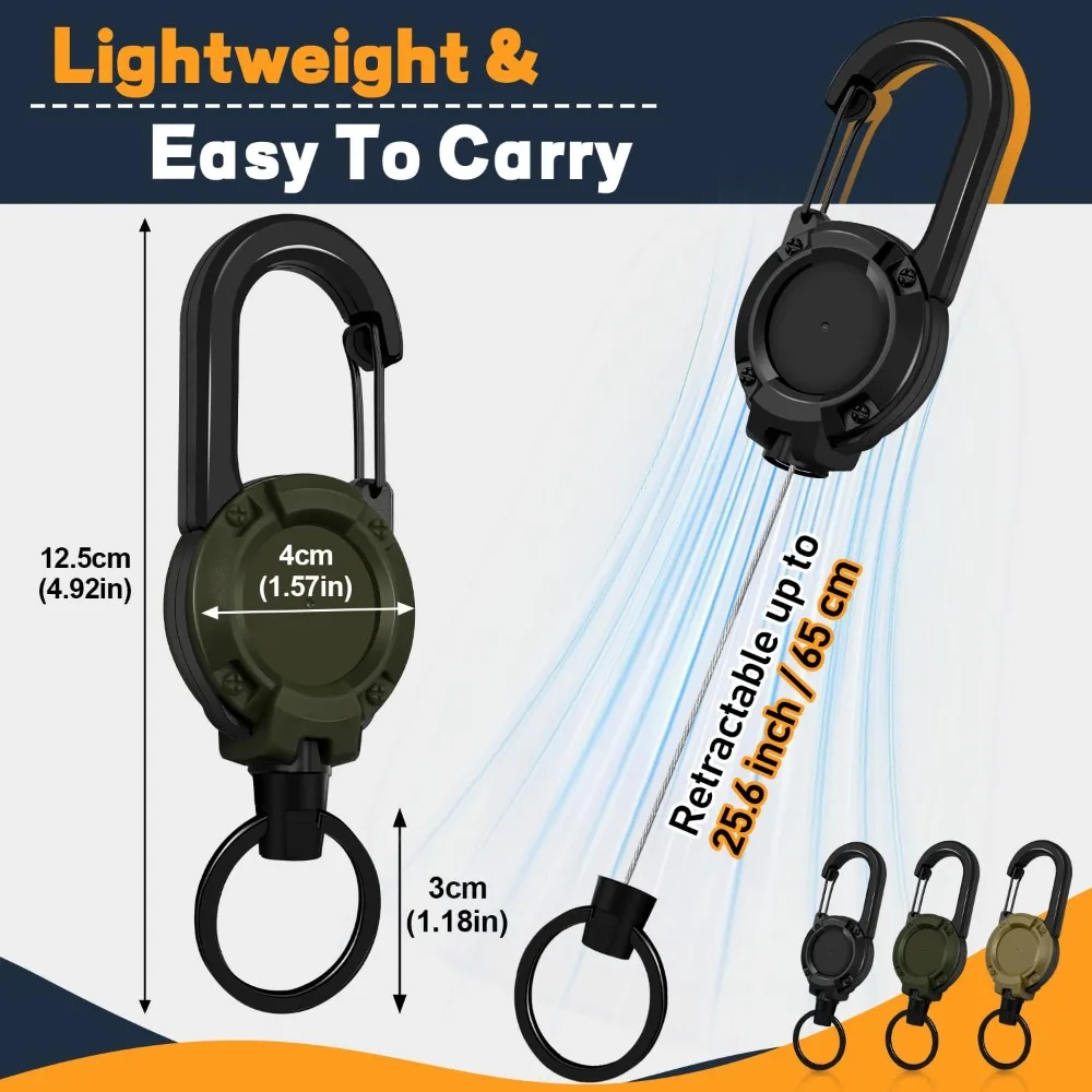 Heavy Duty Retractable Carabiner Easy-topull Keychain Steel Cable Holder Reel for Outdoor Tactical Cord ID Badge Clip Multi-Tool