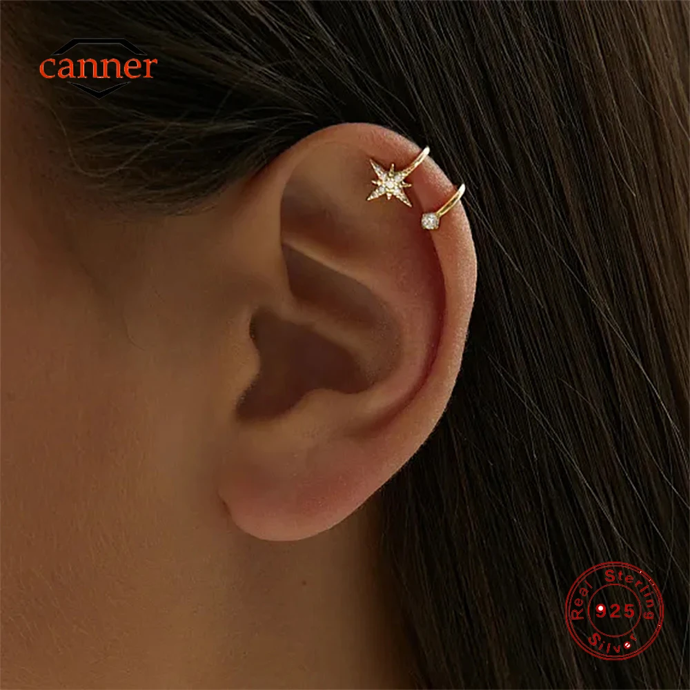 CANNER 925 Sterling Silver Eight Pointed Star Double Layered Classic Zircon Ear Clip For Women Ins Minimalism Aretes Para Mujer