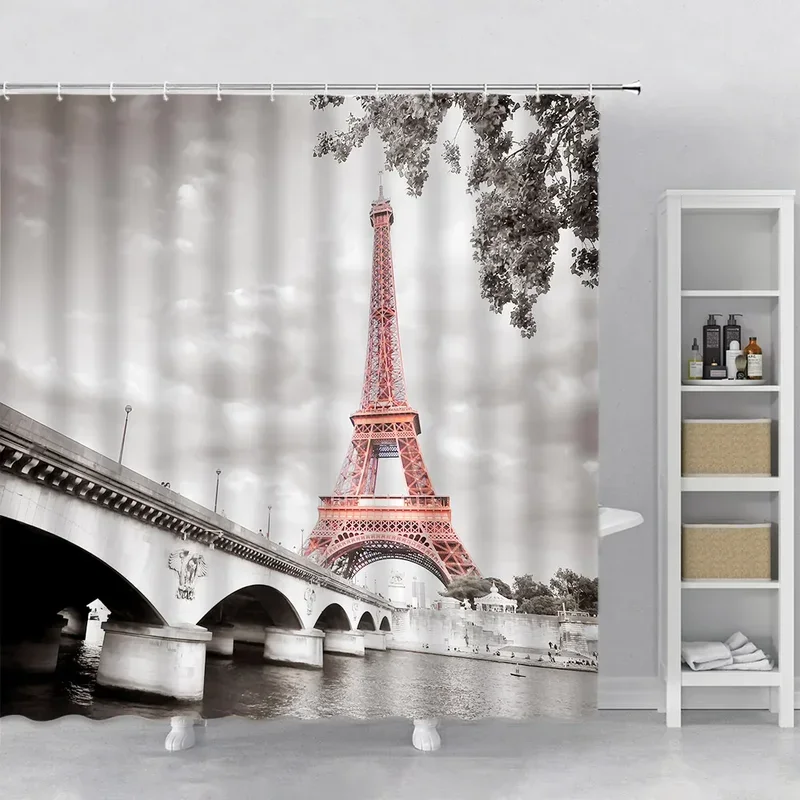 Paris Tower City Landscape Shower Curtain Set Hook Hanging Cloth Modern Home Decor Bathroom Curtain Polyester Fabric Bath Screen