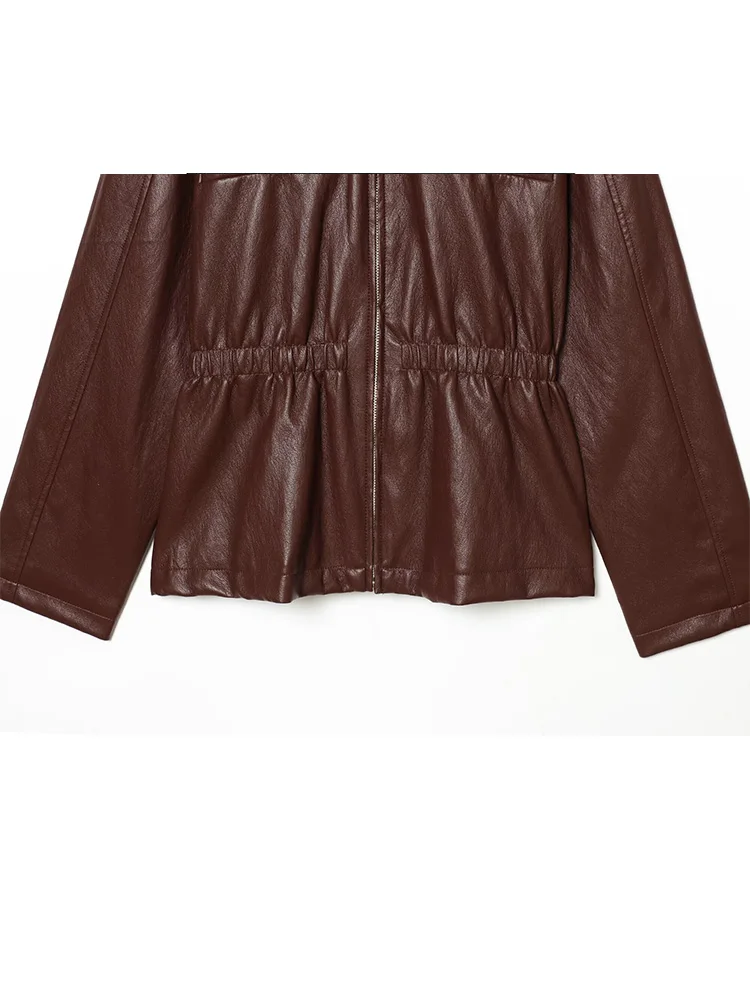 

HH женский модный топ из искусственной кожи с эластичной резинкой на талии и длинными рукавами, весенний женский однотонный топ на молнии с пуговицами, свободный отложной воротник