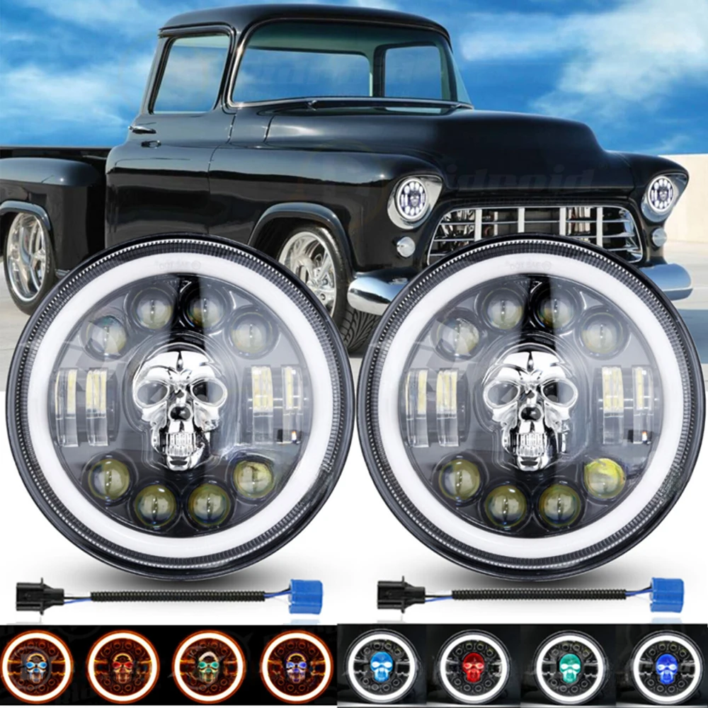 

7-Inch H4 Skull LED Headlight With DRL Hi/LoBeam Light Ring Universal Circular HeadlightIP67 Waterproof Auto Accessories
